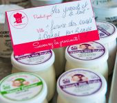 Local yoghurts presented at the breakfast of the Blois hotel