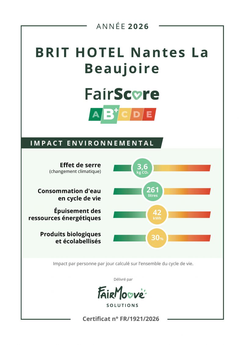 Environmental rating for the Brit Hotel Nantes Beaujoire